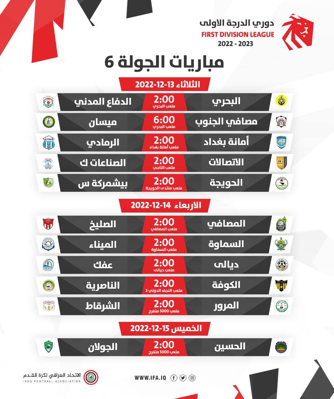 دوري الدرجة الأولى: الميناء في مواجهة السماوة والحويجة يلاعب البيشمركة