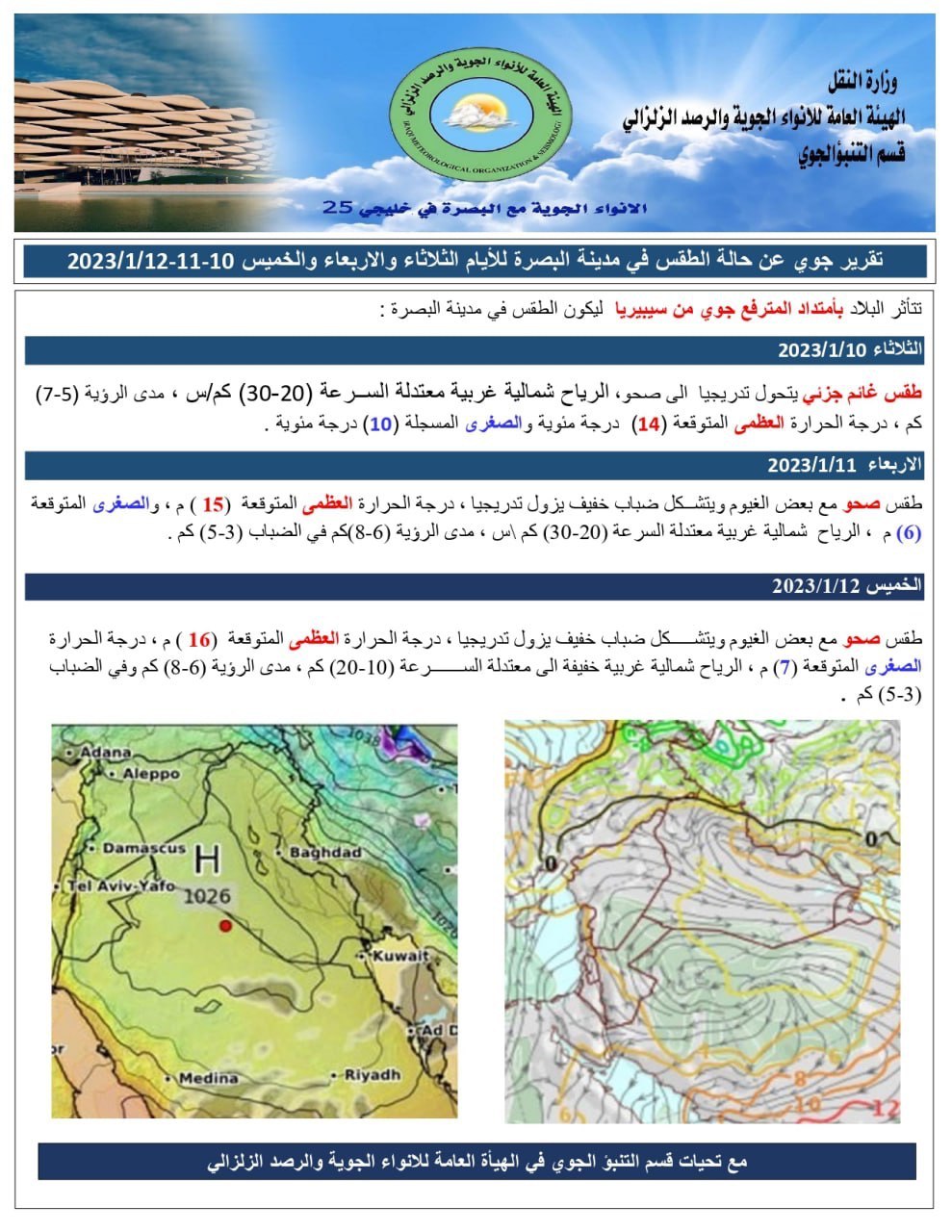 طقس البصرة بلا أمطار خلال مباراة العراق واليمن الخميس المقبل