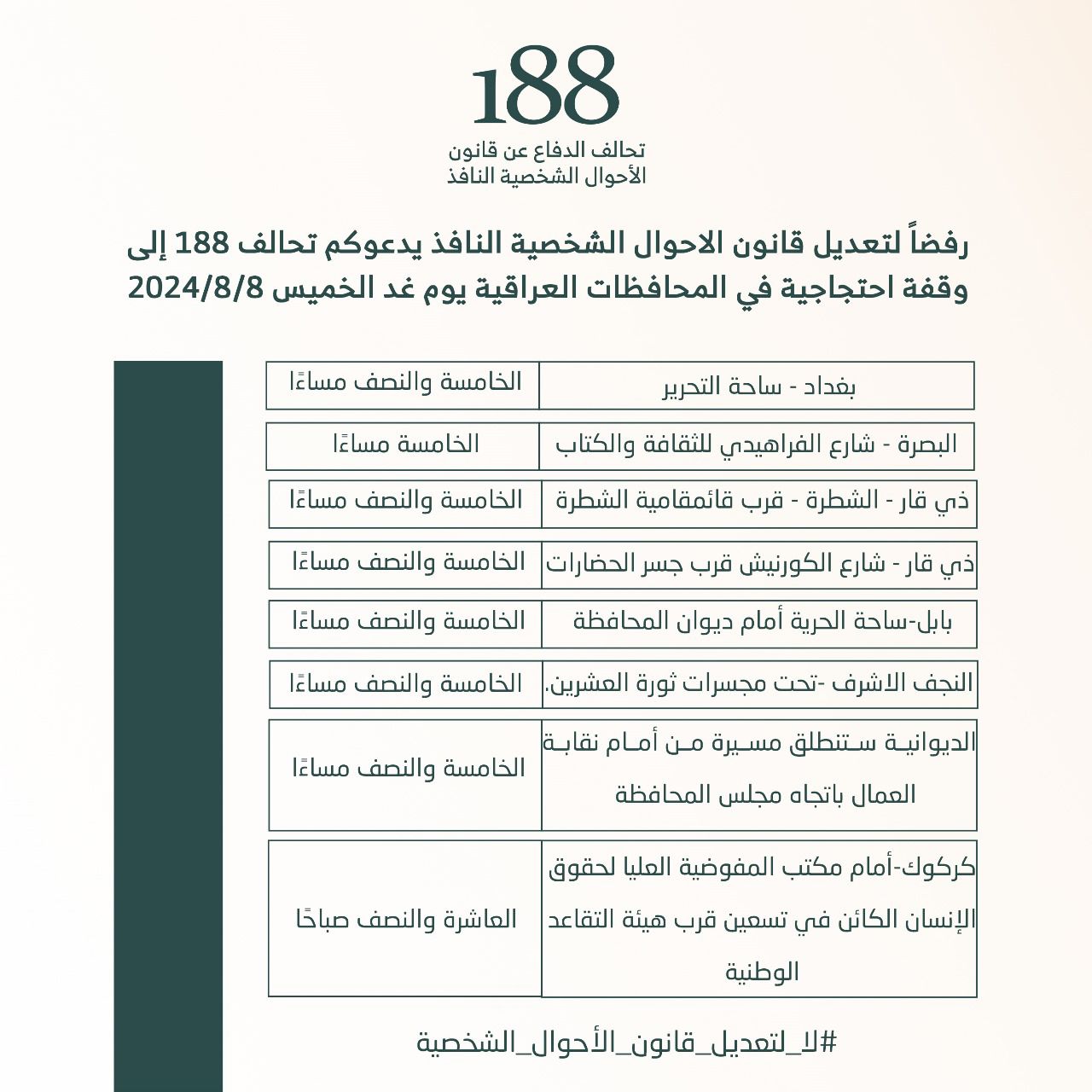 عناوين تظاهرات الغد في 7 محافظات رفضاً لإلغاء قانون أحوال عبد الكريم قاسم
