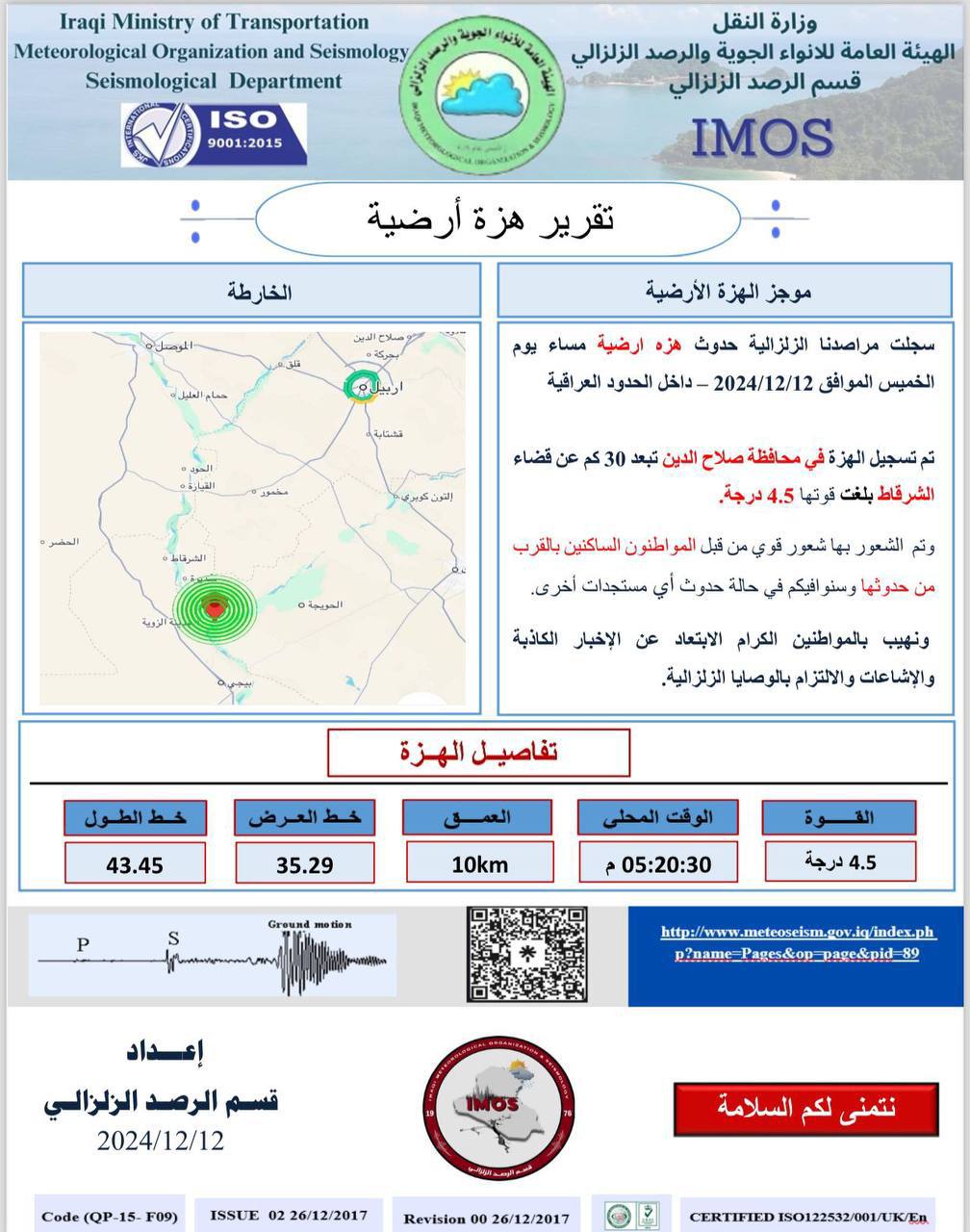 السكان شعروا بها.. هزة أرضية تضرب الحويجة جنوب غربي كركوك