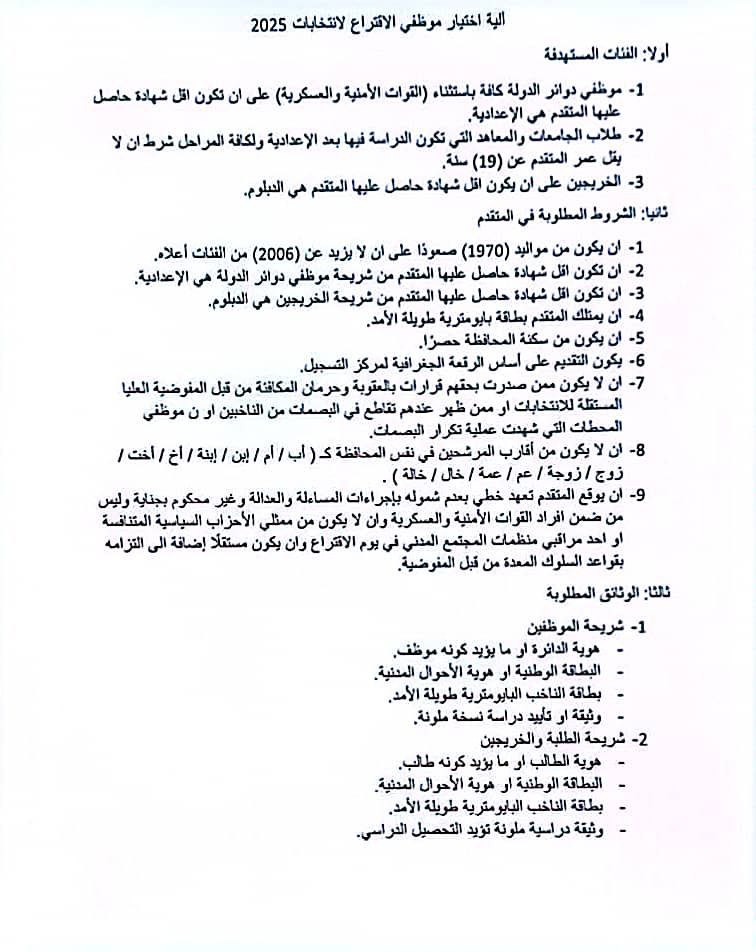 المفوضية تعلن آلية وشروط اختيار موظفي الاقتراع