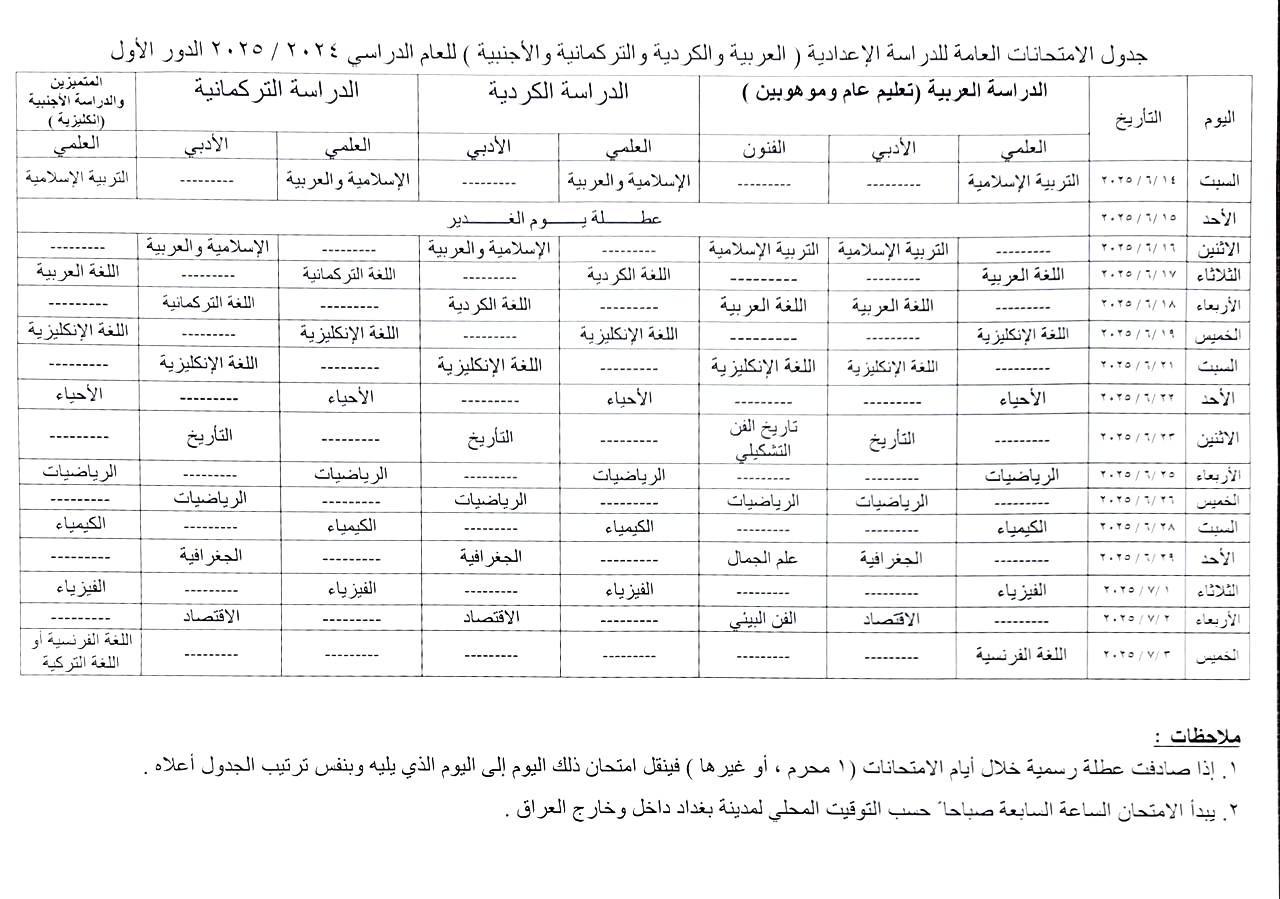 التربية تعدل جدول امتحانات السادس الإعدادي