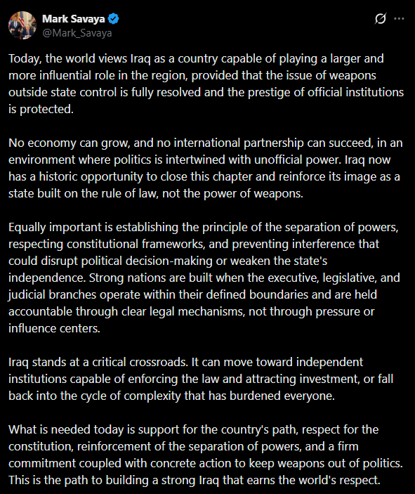 سافايا: انتبهوا.. الآن فرصة العراق تاريخية لنزع السلاح في مفترق طرق