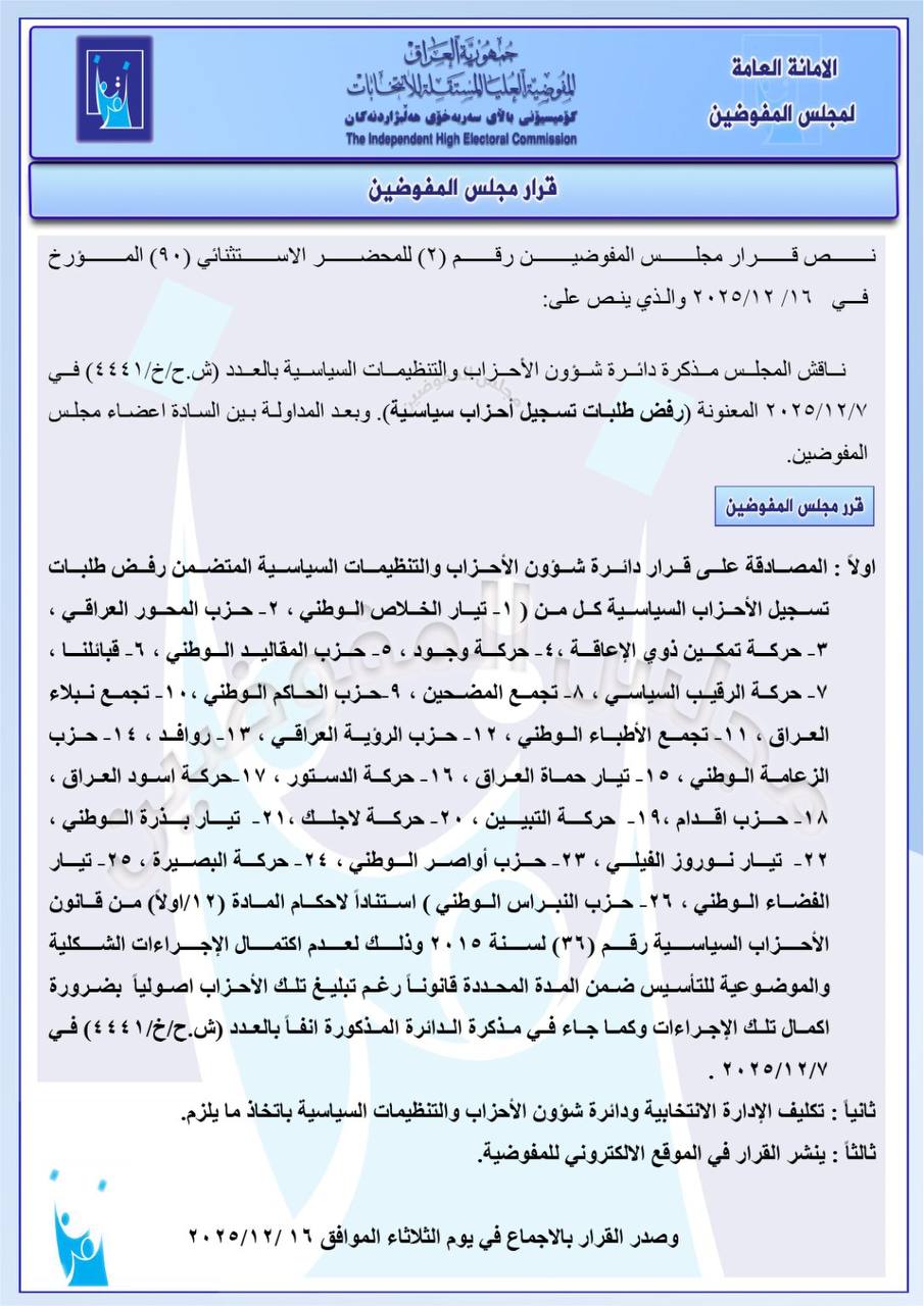 مفوضية الانتخابات ترفض تسجيل 26 حزباً سياسياً