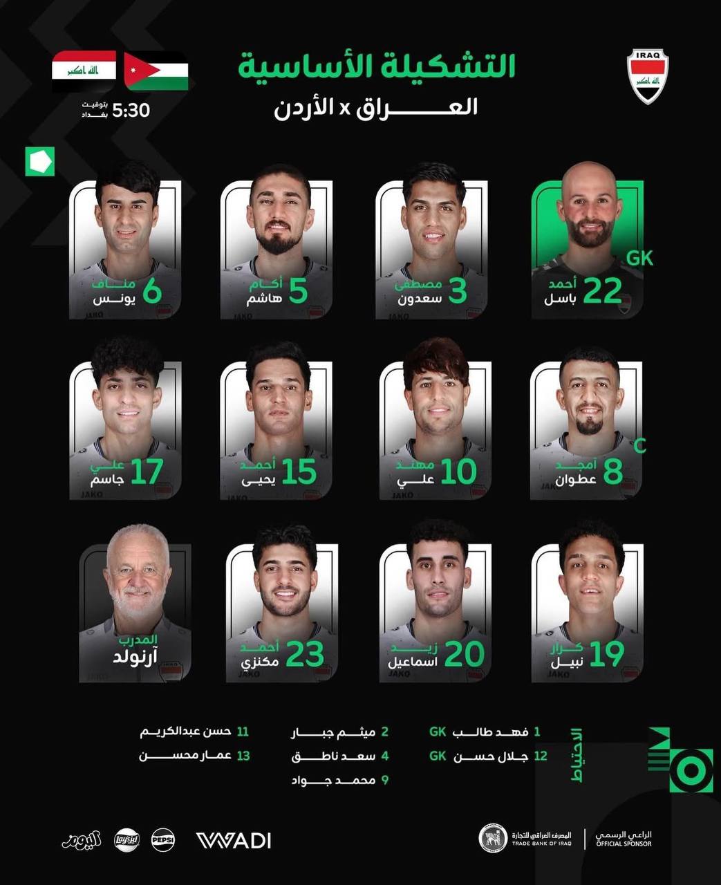 تشكيلة العراق لمواجهة الأردن في كأس العرب اليوم