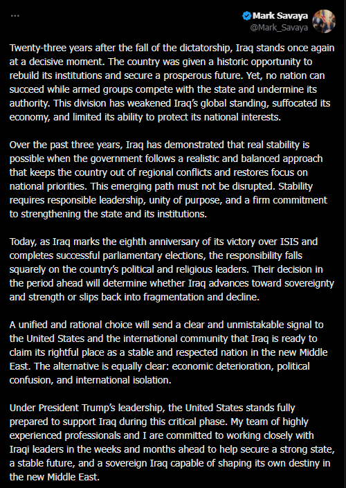 سافايا حذف كلمة “عملاء إيران” وقادم مع “فريقه” لإدخال العراق في الشرق الأوسط الجديد