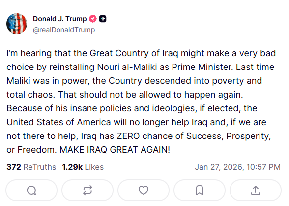 رسمياً.. ترامب يمنع ترشيح المالكي: العراق بلاد عظيمة