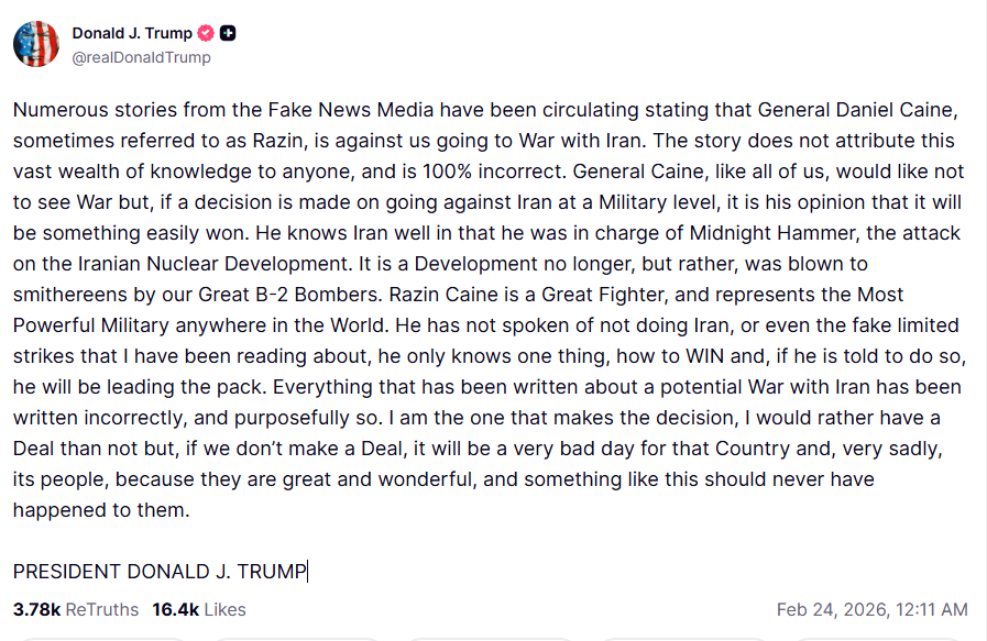 ترامب يشعل الشرق مجدداً.. ضربة إيران ليست محدودة ورئيس الأركان معي