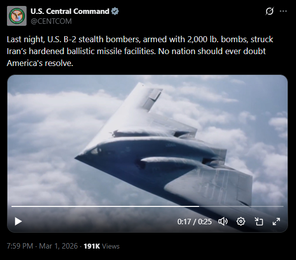 B-2 تدخل المعركة.. سنتكوم تعلن تدمير منشآت الصواريخ الباليستية المحصنة