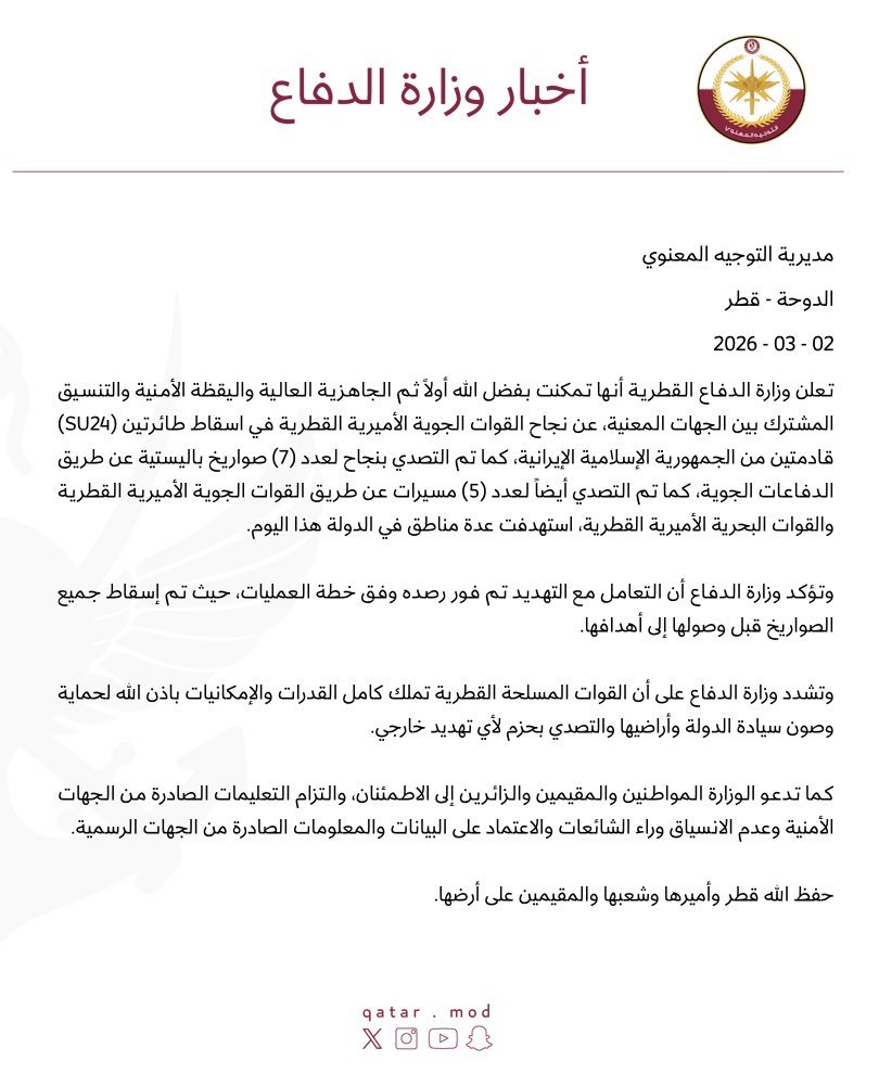 قطر تسقط طائرتين إيرانيتين من طراز سوخوي 24