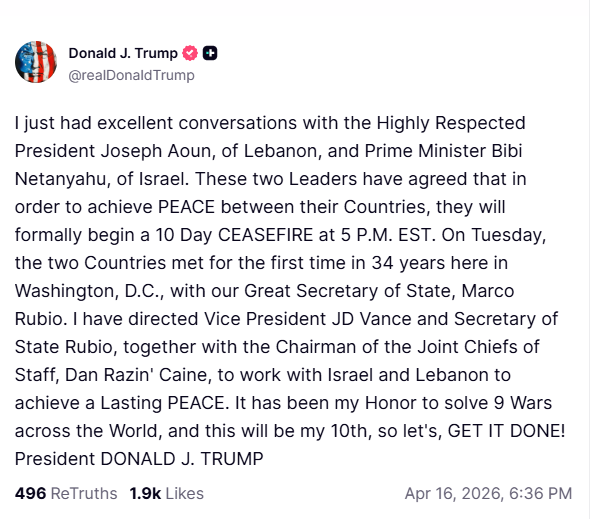 ترامب يعلن وقف إطلاق النار في لبنان ابتداءً من منتصف هذه الليلة