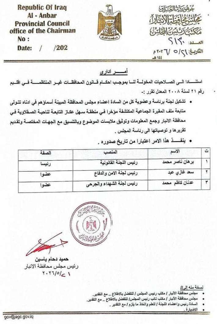 الأنبار تحقق في مقابر الصقلاوية.. لجنة من 3 شخصيات لجمع المعلومات