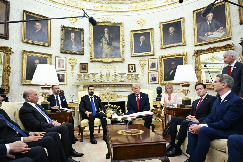 US President Donald Trump meets with Prime Minister of Iraq Ali al-Zaidi (L) in the Oval Office of the White House in Washington, DC, on July 14, 2026. (Photo by SAUL LOEB / AFP)
