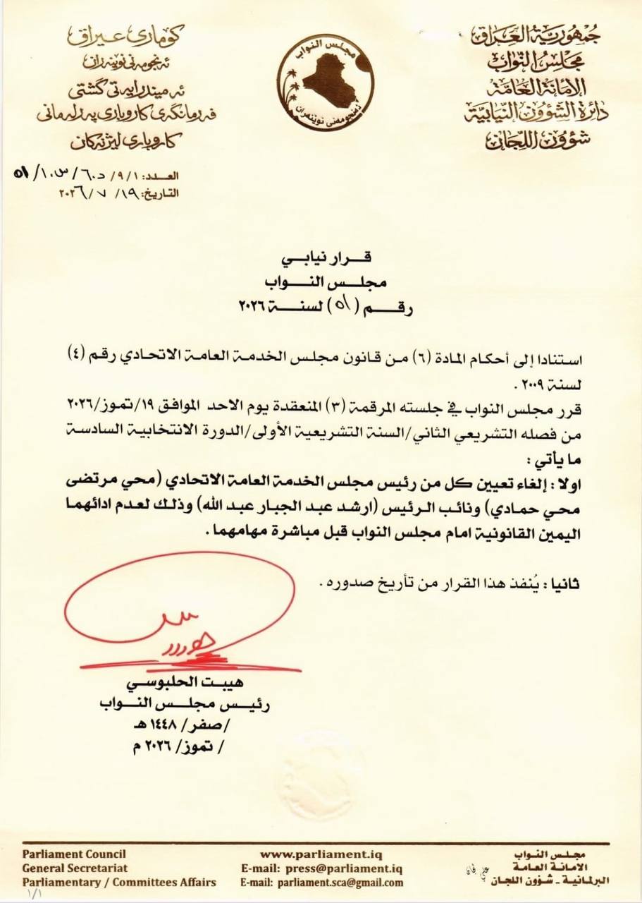 لعدم أداء اليمين.. البرلمان يلغي تعيين رئيس مجلس الخدمة الاتحادي ونائبه