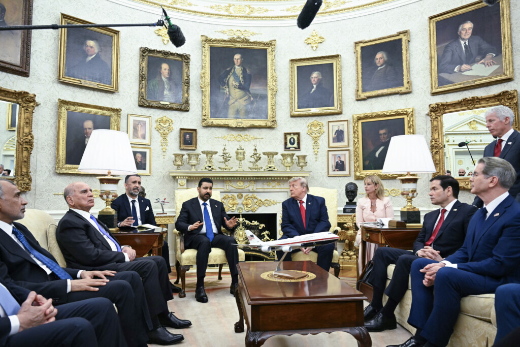 US President Donald Trump meets with Prime Minister of Iraq Ali al-Zaidi (L) in the Oval Office of the White House in Washington, DC, on July 14, 2026. (Photo by SAUL LOEB / AFP)