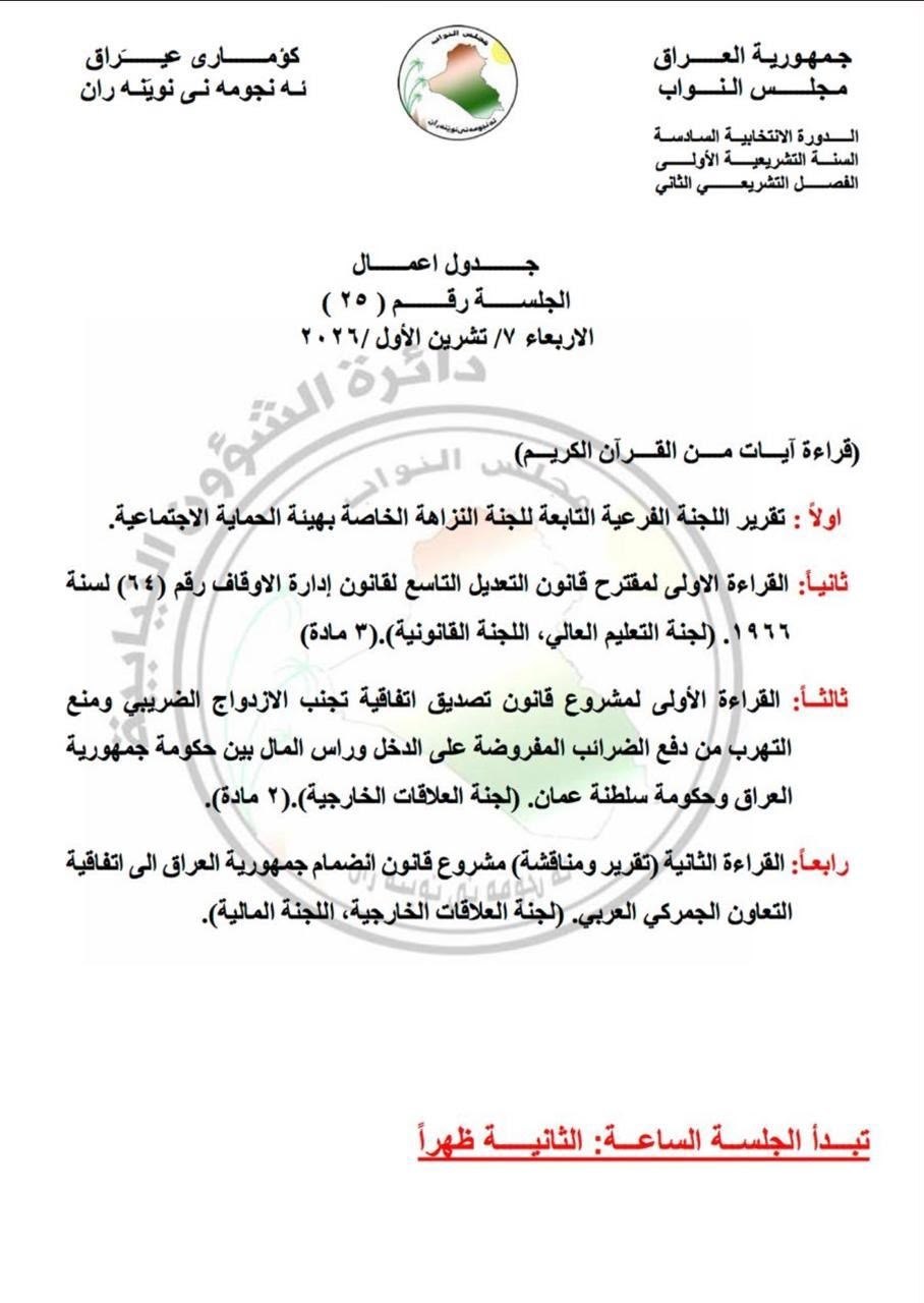 4 فقرات في جدول أعمال البرلمان لجلسة الأربعاء