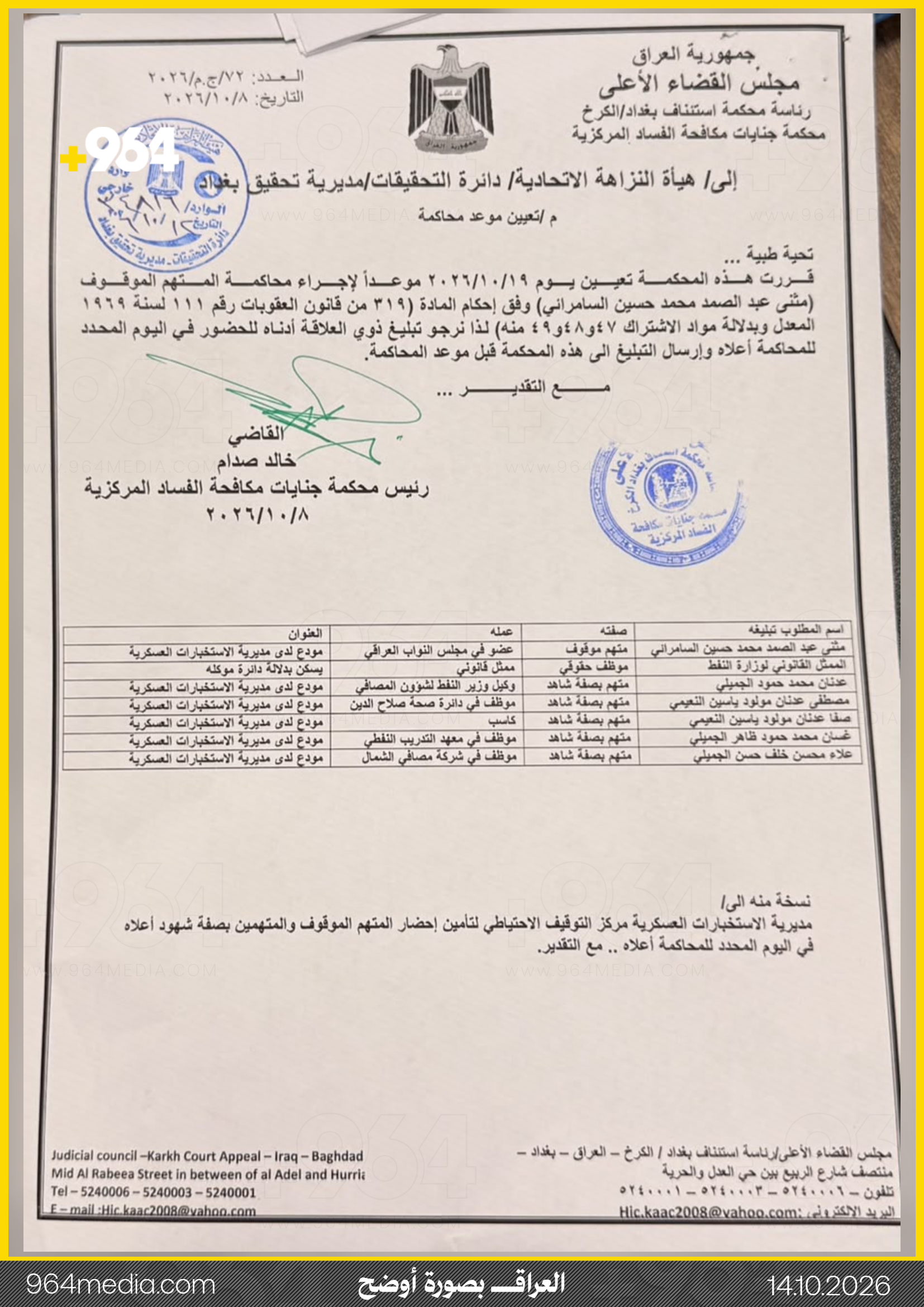 القضاء يحدد موعد محاكمة مثنى السامرائي ويستدعي عدنان الجميلي كشاهد